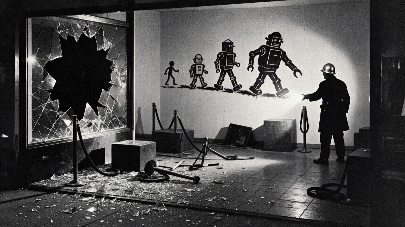 Wire photo: a smashed showroom window and a painted mural of robots walking away.